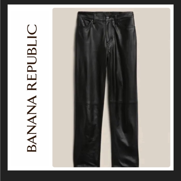 New Women Banana Republic High Rise Straight Black 100% Lamb Leather Pants Sz 34 - Picture 1 of 13